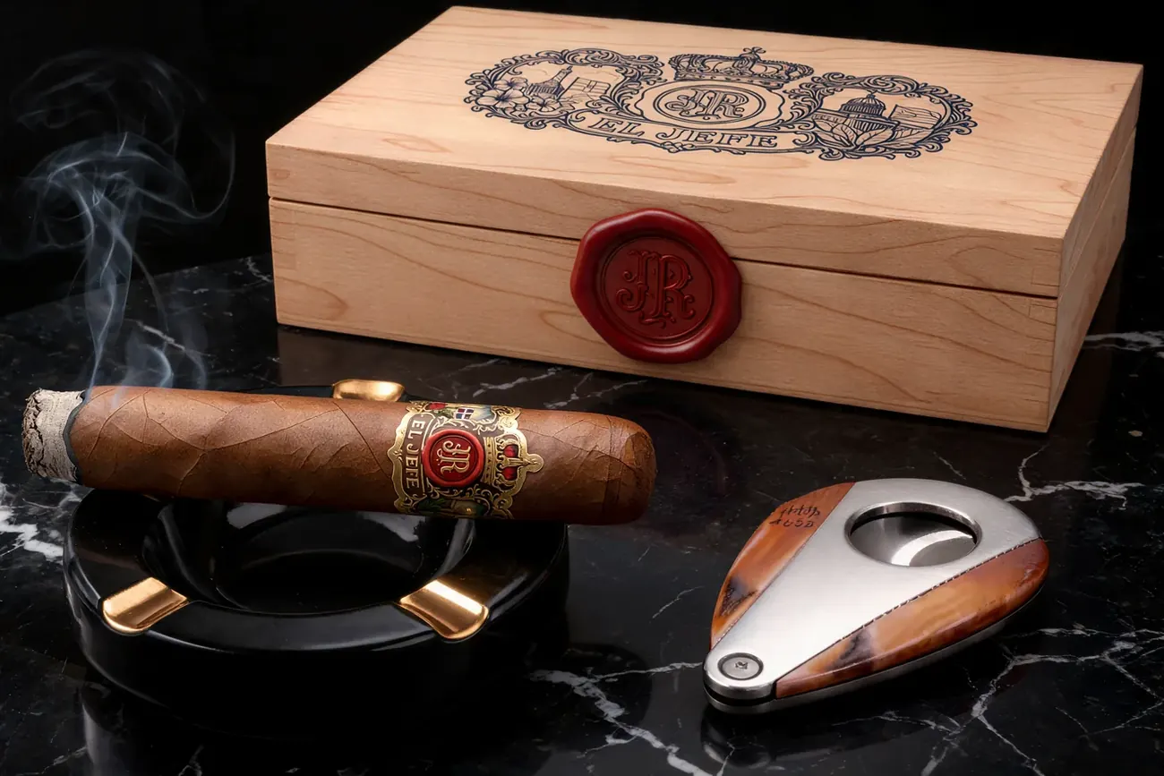 A banded El Jefe cigar with a lit, ashy foot resting on a black ashtray as smoke rises, beside a closed light-wood box with the El Jefe crest on the lid and a red JR wax seal, and a cigar cutter on black marble