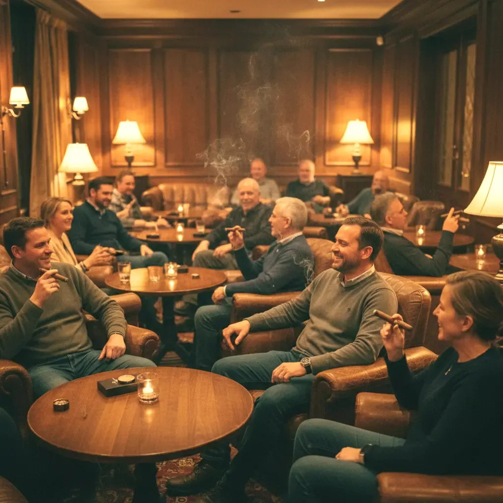 A wood-paneled cigar lounge full of friends talking and smoking cigars in leather armchairs under warm lamplight