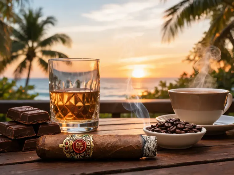 An El Jefe cigar on a wooden table beside a glass of amber spirit, dark chocolate squares, a steaming cup of coffee and a bowl of coffee beans, with a beach sunset behind