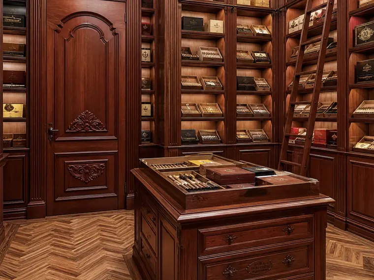 A walk-in cigar humidor room with wood-paneled shelves of cigar boxes and a wooden display case of cigars in the center