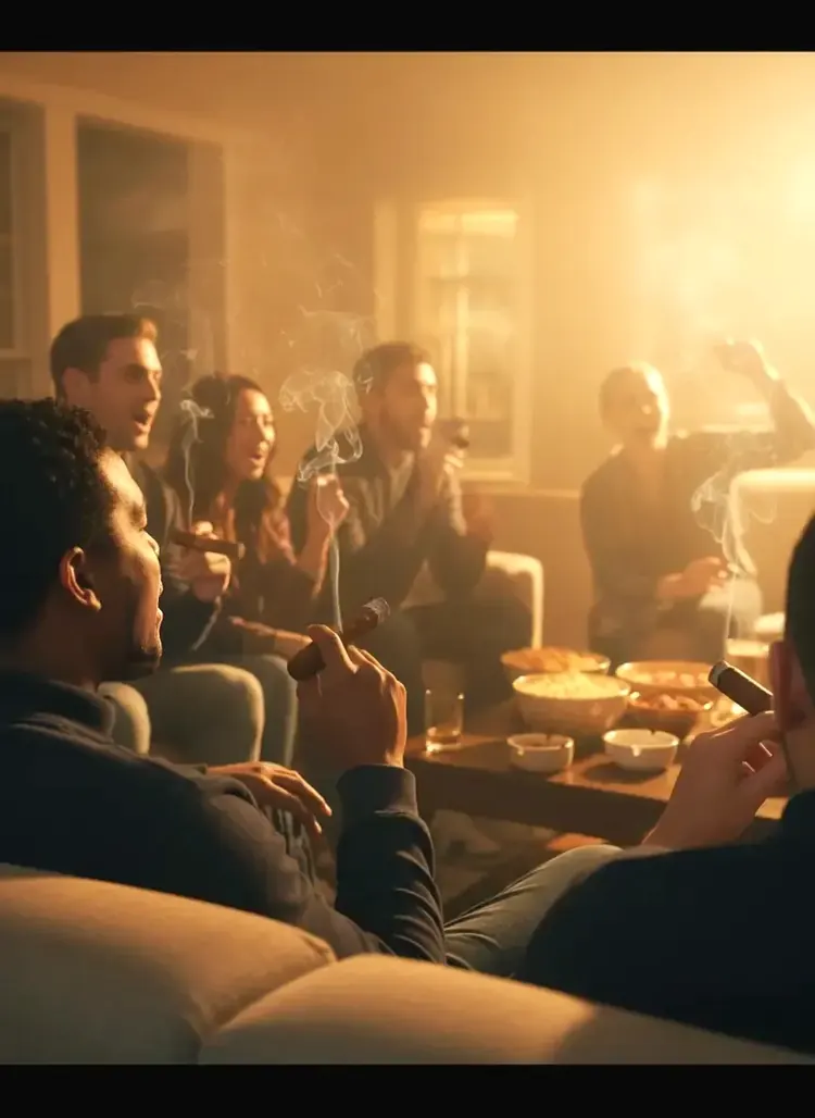 Friends laughing and smoking cigars together in a warm, smoky lounge