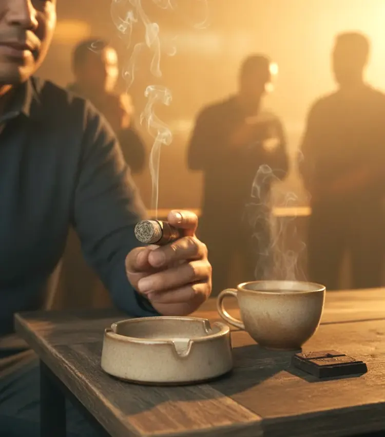 A man holding a cigar over an ashtray beside a cup of coffee in a warm lounge