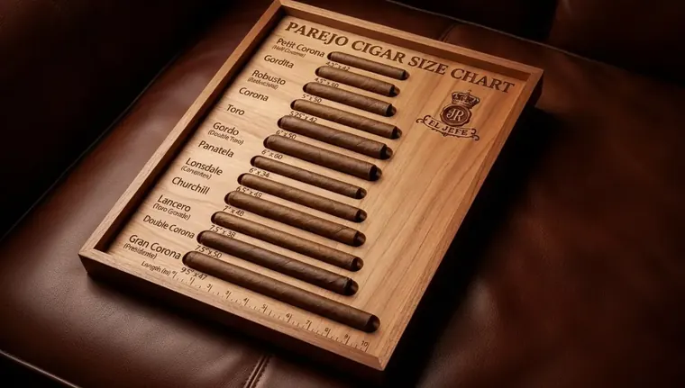A wooden tray labeled Parejo Cigar Size Chart holding cigars from Petit Corona to Gran Corona