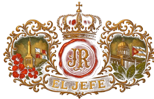 El Jefe crest: a gold crown over a red JR wax seal, framed by gold scrollwork with Dominican and Cuban medallions above an EL JEFE ribbon