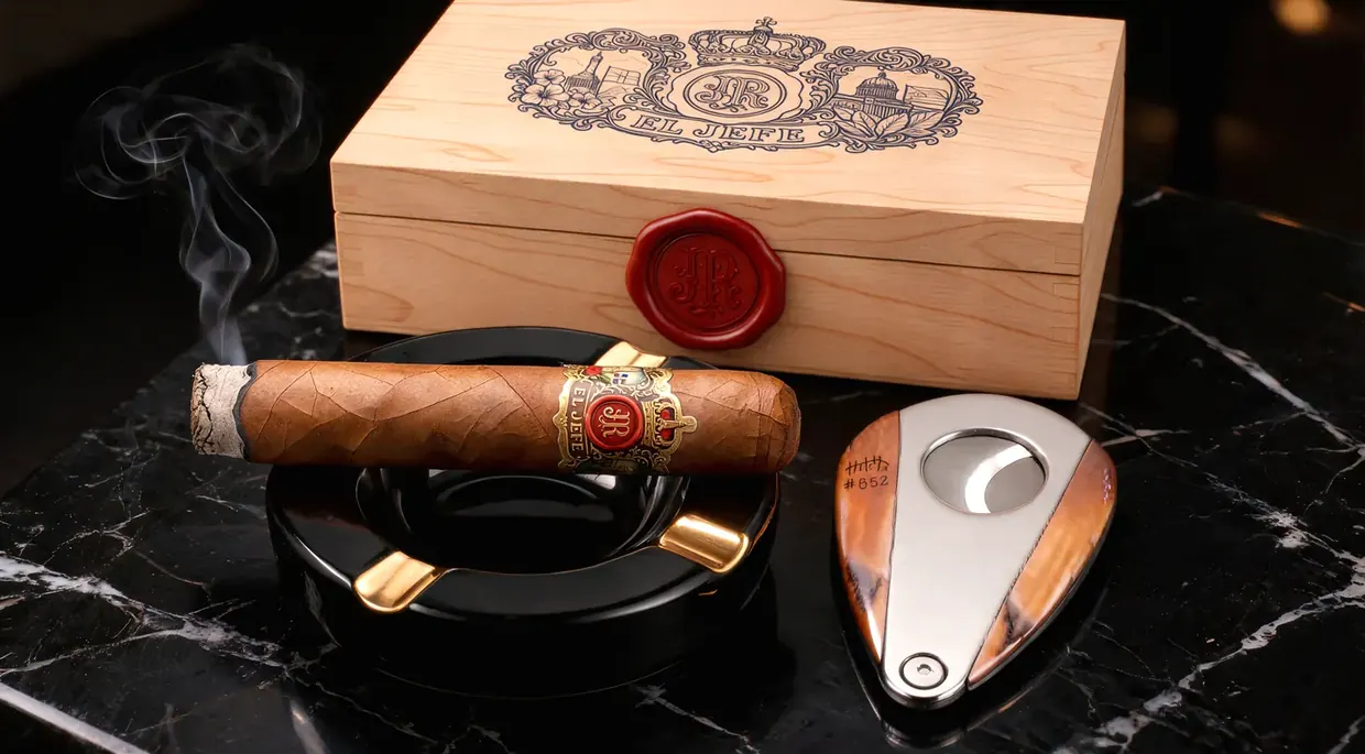 A raw cedar El Jefe box closed with a red JR wax seal, an El Jefe Robusto on a black ashtray and a cigar cutter