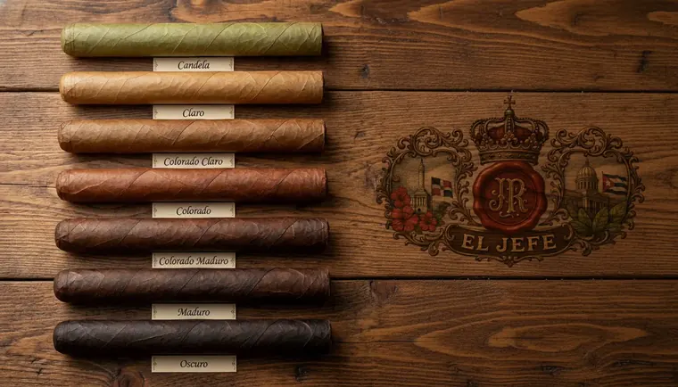 Seven cigars in a row showing wrapper shades from light to dark